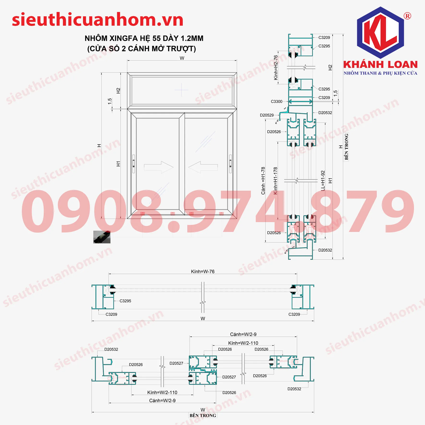 Cận cảnh ray trượt dưới của cửa lùa hệ 55