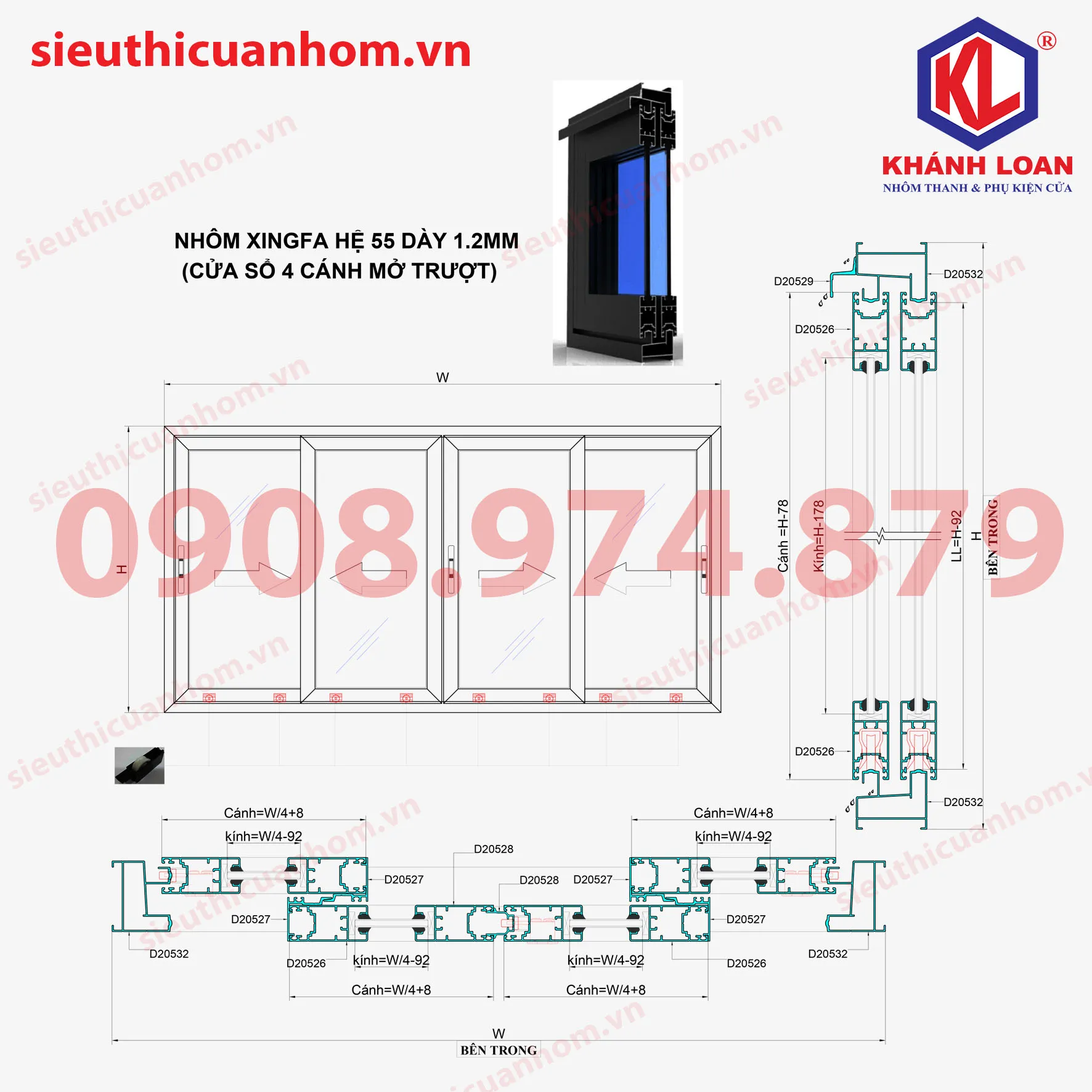 Mô phỏng cách trừ cánh cửa nhôm lùa hệ 55