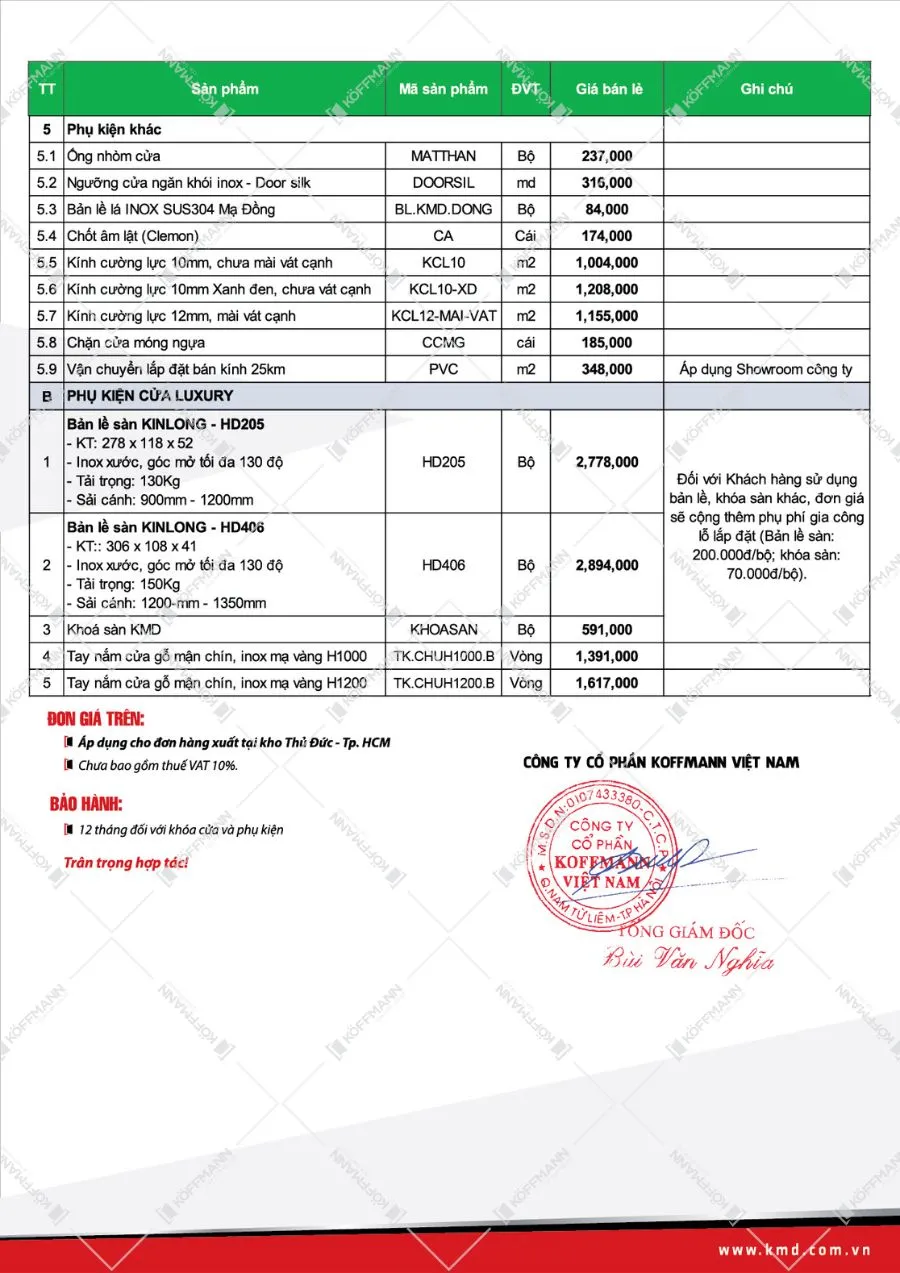 Báo giá phụ kiện cửa thép vân gỗ Koffmann khu vực miền Nam