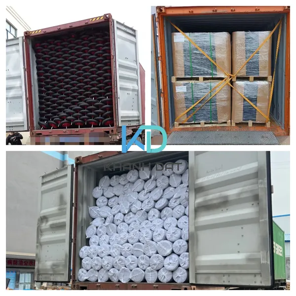 Toàn cảnh một chuyến hàng bánh xe cao su đặc chịu lực đang được xếp lên phương tiện vận chuyển