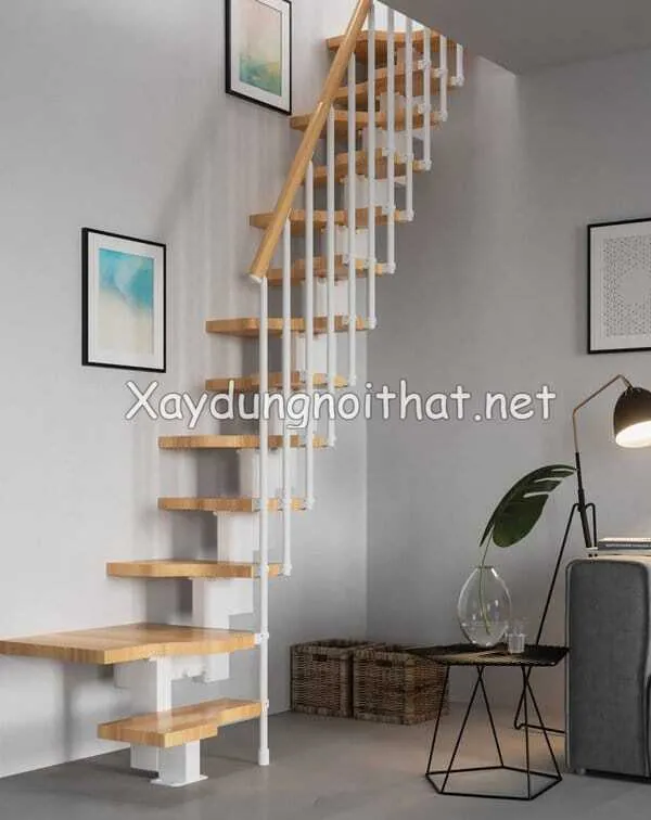 Cầu thang sắt gác lửng bậc gỗ