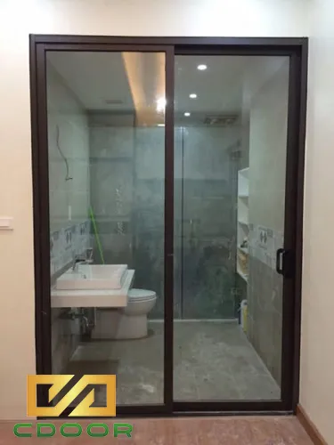 Cửa lùa 1 cánh nhà vệ sinh nhôm kính màu đen giả vân gỗ