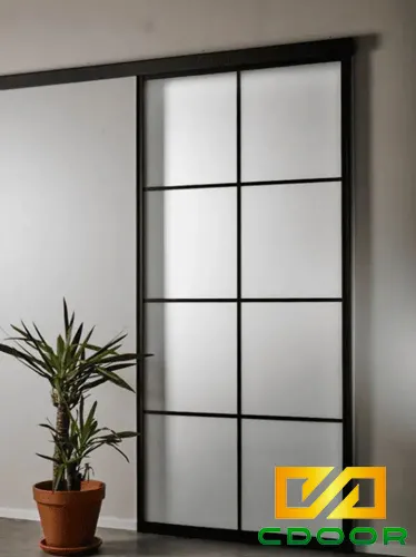 Cửa lùa nhà vệ sinh thiết kế chia ô khung đen kính mờ
