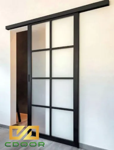 Cửa lùa nhôm nhà vệ sinh màu xám chia đố thẩm mỹ