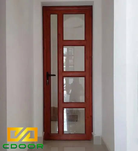 Cửa nhôm 1 cánh chia ô giả gỗ và kính trong suốt