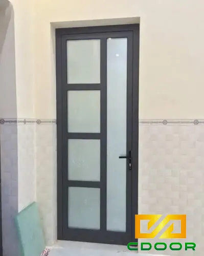 Cửa nhôm PMA 1 cánh chia đố màu xám kính đục