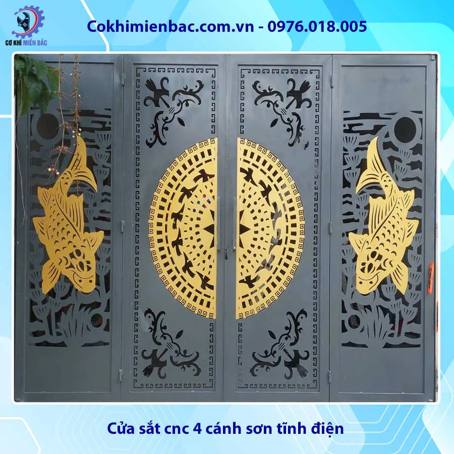 Mẫu cổng sắt CNC 4 cánh sơn tĩnh điện với hoa văn phức tạp
