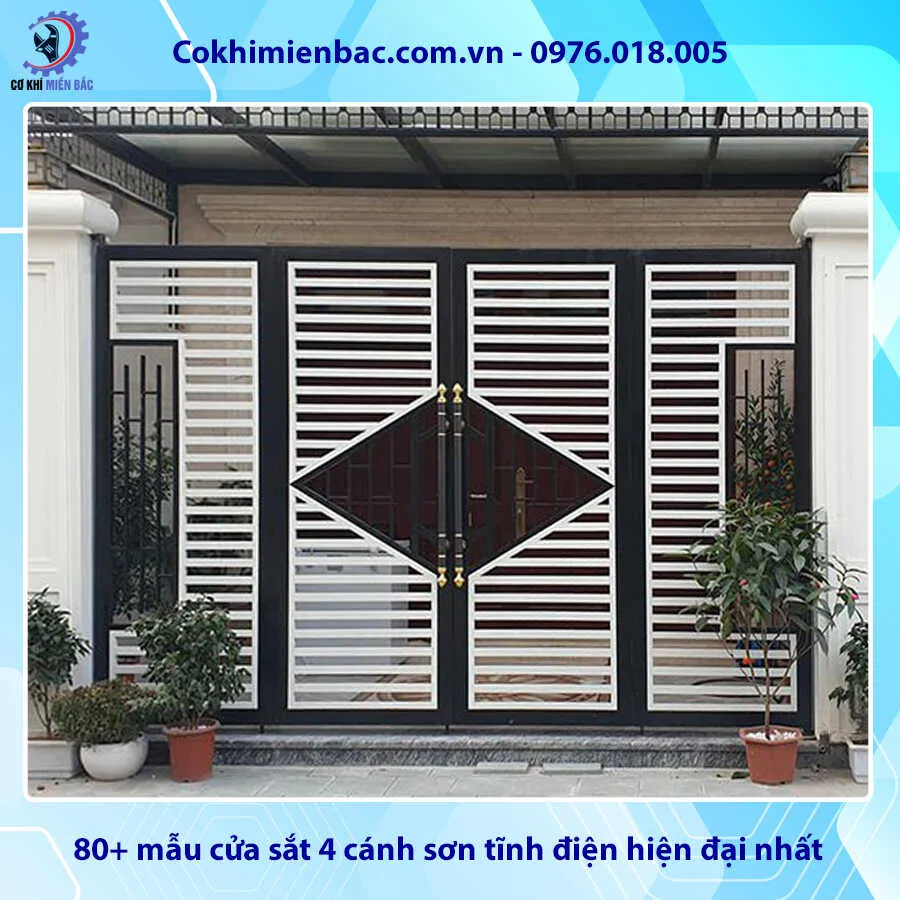 Mẫu cửa sắt 4 cánh sơn tĩnh điện kết hợp nan gỗ