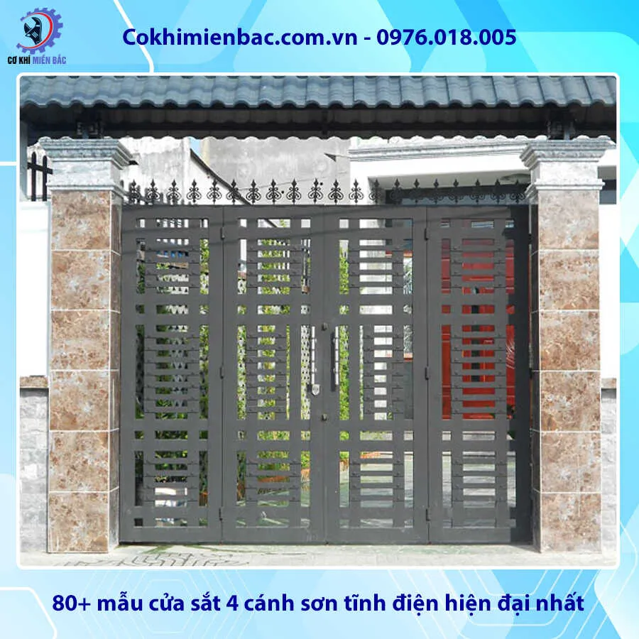 Mẫu cửa sắt 4 cánh sơn tĩnh điện hiện đại với ô kính