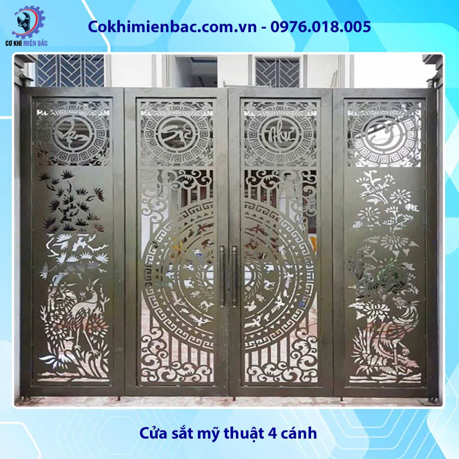 Mẫu cửa sắt mỹ thuật 4 cánh sơn tĩnh điện với hoa văn uốn lượn