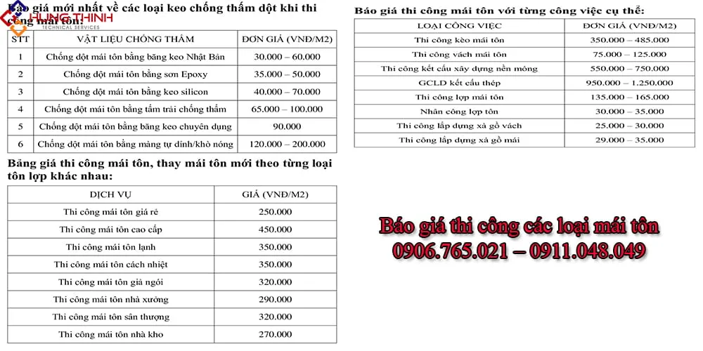 Bảng giá tham khảo dịch vụ lợp mái tôn trọn gói theo loại tôn