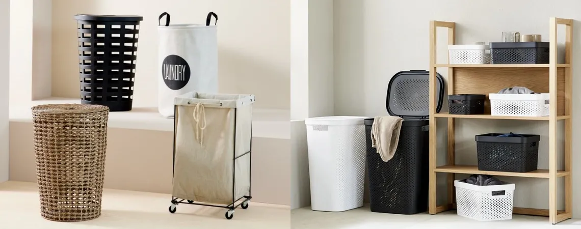 Giỏ đựng đồ giặt bằng vải màu be đặt trong phòng tắm