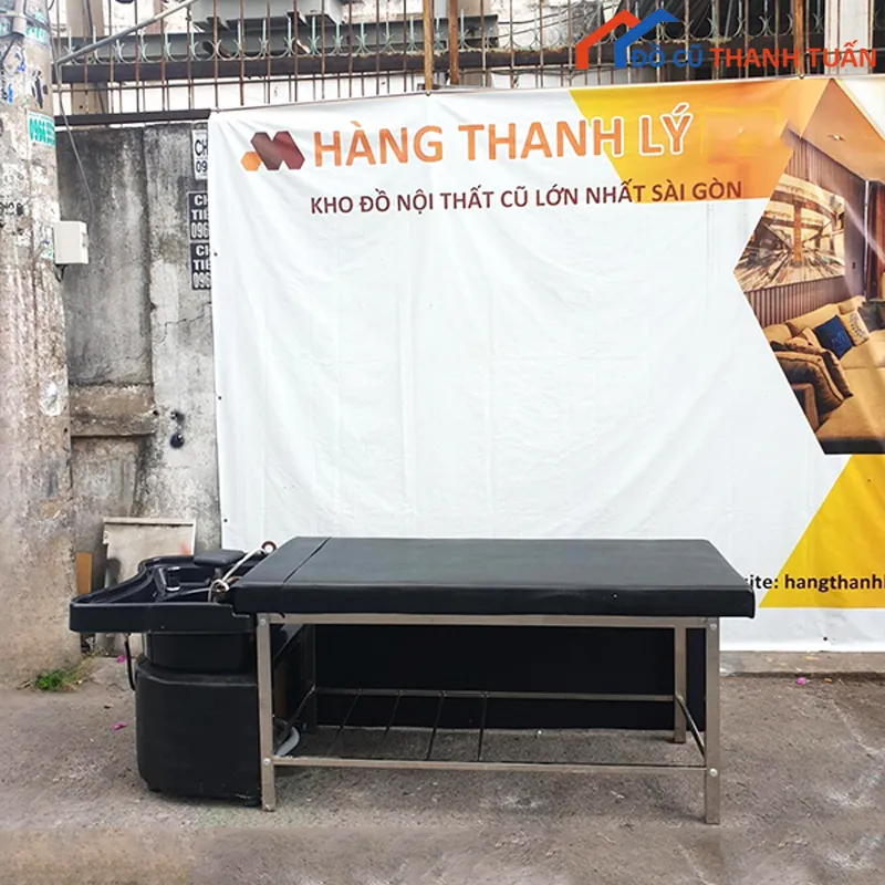 Giường gội đầu massage thanh lý nệm simili đen khung inox