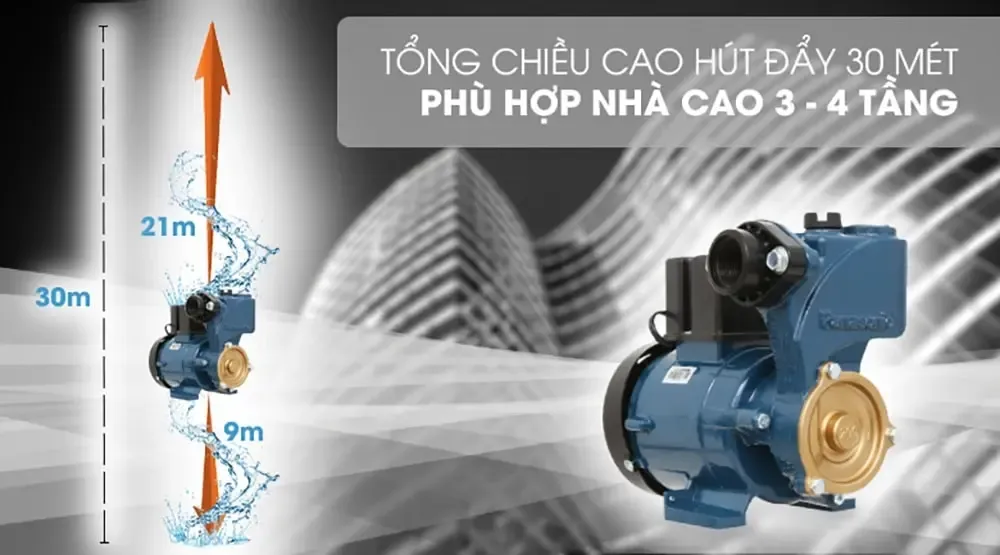 Hình ảnh thông số kỹ thuật máy bơm Panasonic 200W về chiều cao hút đẩy