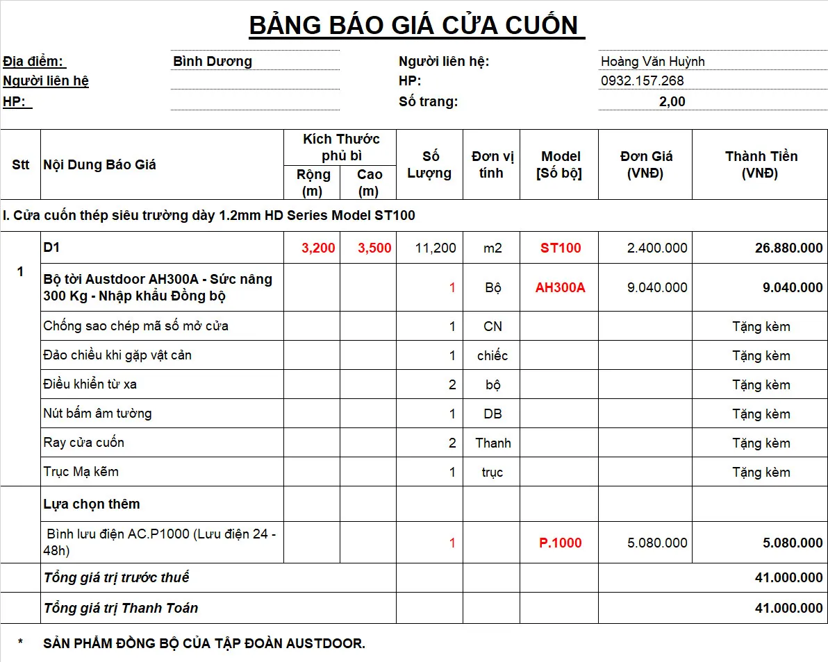 Mô tả hình ảnh báo giá cửa cuốn Austdoor Bình Dương model ST100