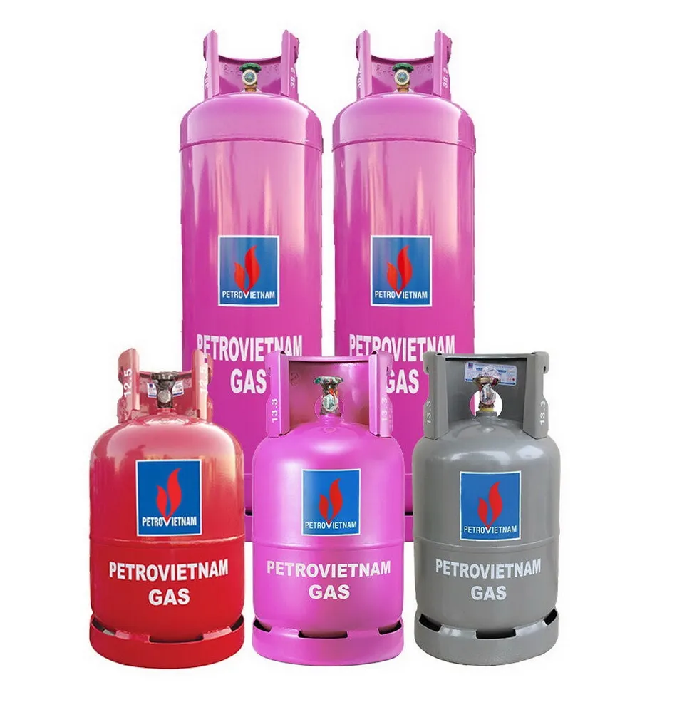 alt text: Bình gas Petrovietnam 12kg màu hồng, van chập, chất lượng cao, có tem nhãn đầy đủ