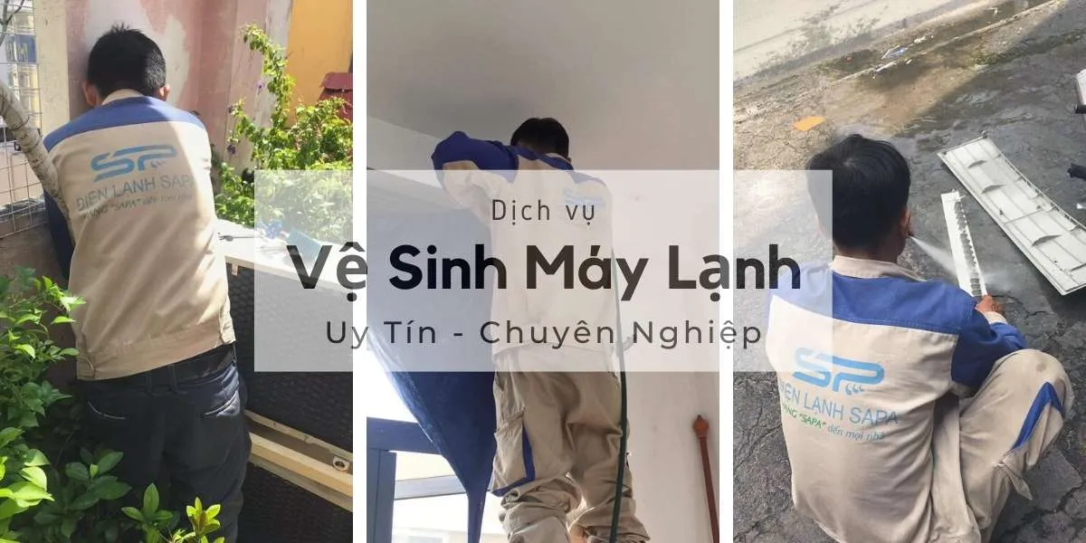 Kỹ thuật viên kiểm tra và vệ sinh dàn nóng máy lạnh tại nhà ở Quận 12