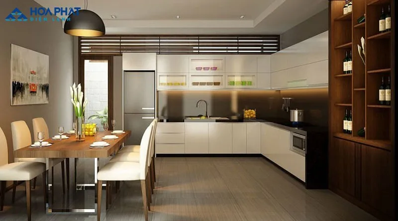 Một chiếc tủ lạnh màu trắng được đặt gọn gàng trong góc bếp, minh họa vị trí kê tủ lạnh hợp lý trong không gian bếp nhỏ.